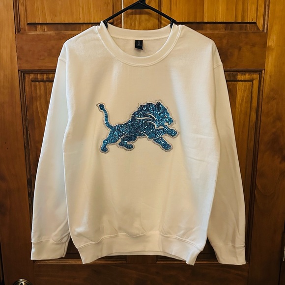 Detroit Lions sweatshirt! NFL white sequin bedazzled logo crewneck size large! - Picture 1 of 4